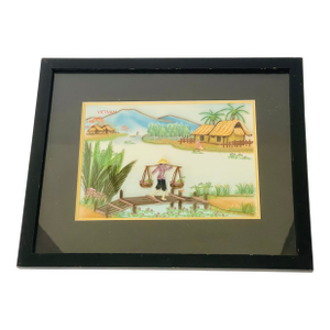 Vintage Original Art Collage Landscape Painting Vietnam