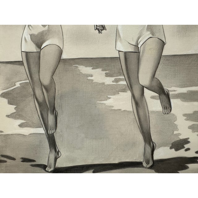 Illustration 1940s Original Signed Graphite Illustration of Couple Running Along the Beach, 14.5 X 11 In. For Sale - Image 3 of 6