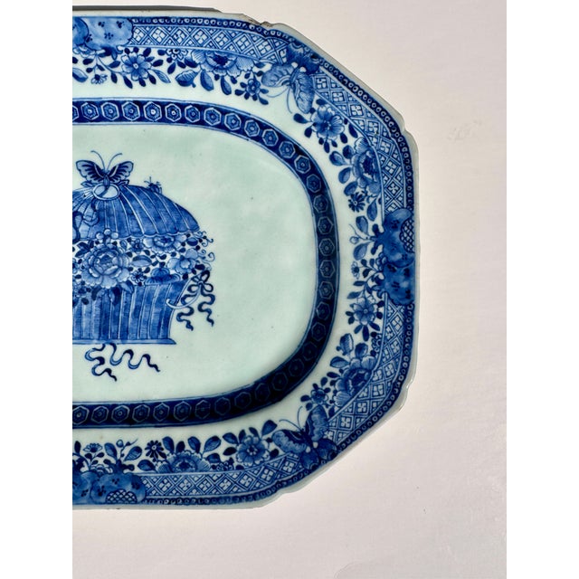 Ceramic Chinese Export Hand-Painted Blue & White Porcelain Platter With Floral Basket, Circa 1800 For Sale - Image 7 of 13