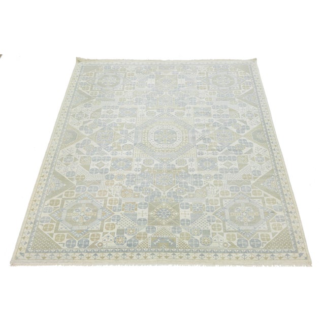 Textile Modern Geometric Khotan Style Hand-Knotted Wool Area Rug - Muted Sage & Sand For Sale - Image 7 of 10