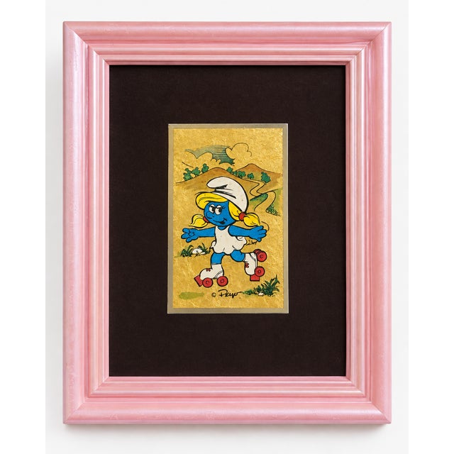Vintage Italian Peyo Smurfette 23k Gold Leaf Miniatures, Set of 10** a Wonderfully Playful and Unusual Set of 10 Vintage Framed Smurfette Artworks For Sale - Image 4 of 4