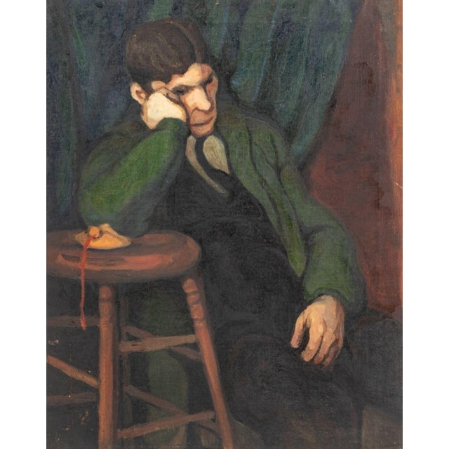 Dorothy Vail (American, XX), Seated Male Figure, Oil on Canvas, circa 1924, depicting man in green jacket leaning against...