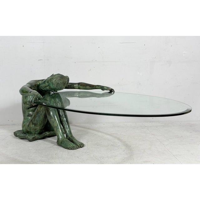 Sculptural side table/coffee table with female nude sculpture, bronze, France, 1980s, green patina, Dimensions approx.: W....