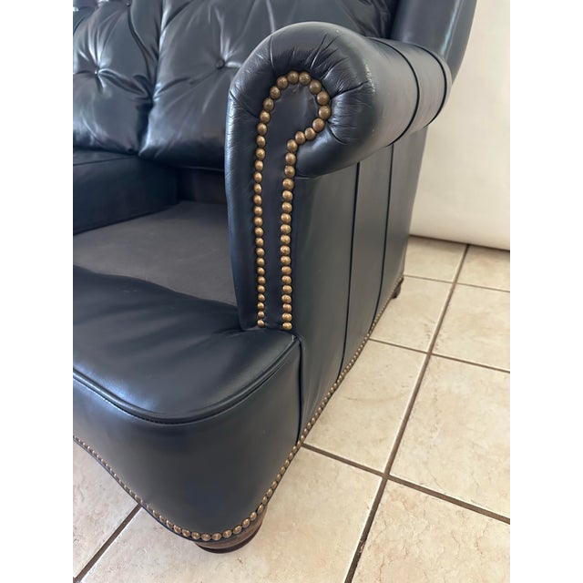 Vintage Navy Blue Leather Regency Sofa | Tufted Curved Front, Brass Nailhead Trim For Sale - Image 10 of 12