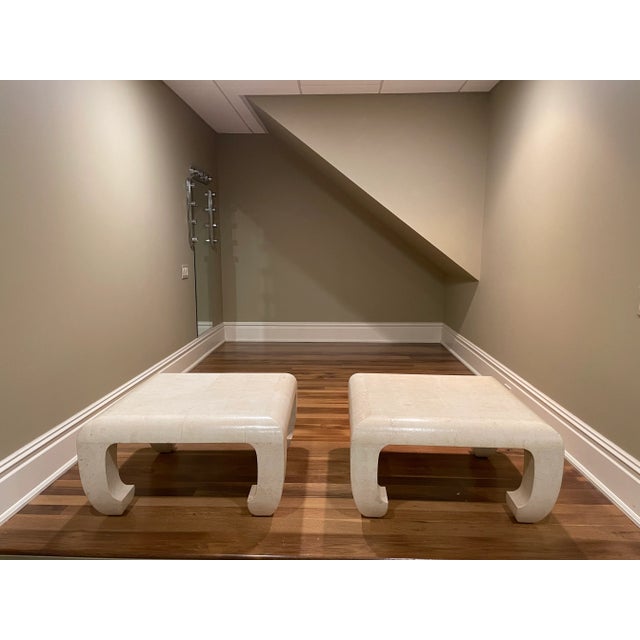 Set of large square table clad in natural goat parchment on a solid wood frame. The tables were purchased in NJ from the...