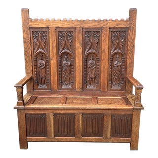 Late 19th Century Antique French Carved Oak High Back Gothic Hall Bench For Sale