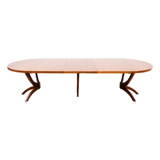 Monumental Mid Century Modern Expandable Pedestal Base Dining Table in Walnut For Sale