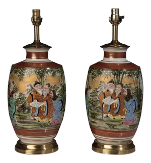 1970s Chinoiserie Hand Painted Porcelain Lamps - a Pair