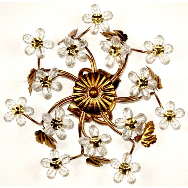 Italian Gold Leaf-Plated Metal and Crystal 2-Light Ceiling Light, 1960s For Sale - Image 6 of 7