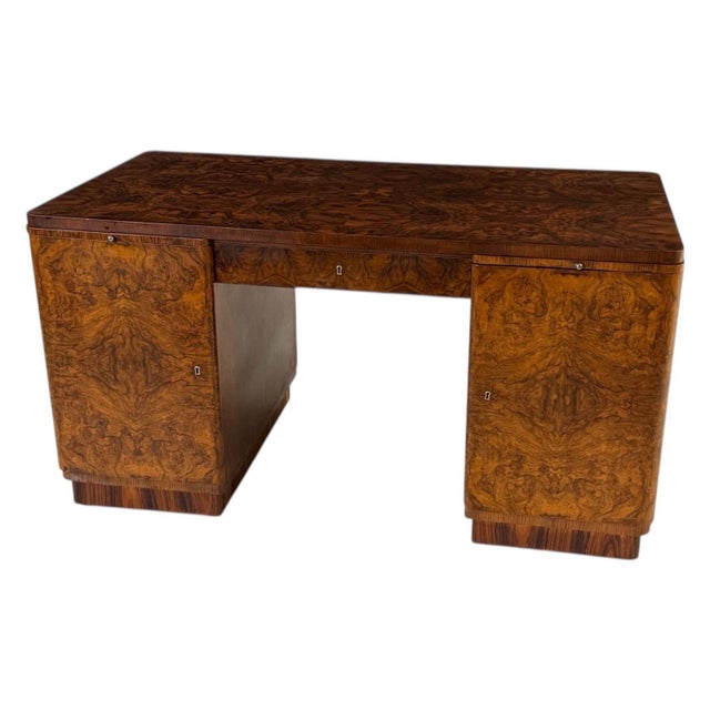 Art Deco Walnut Rosewood Burl Wood Desk, 1930’s. Made in Czechoslovakia. Restored absolutely beautiful. Measures 58.75”...