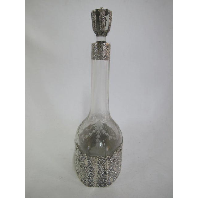 Antique Mauser Sterling Silver Repousse Cherub Overlay Etched Crystal Decanter For Sale - Image 11 of 13