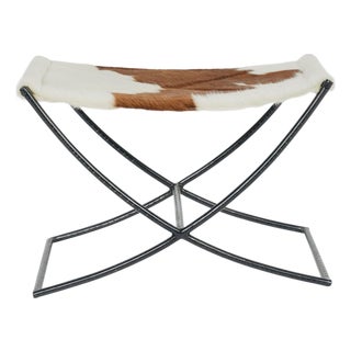 Brown & White Hair-on-Hide Sling Stool With Black Metal X-Base For Sale
