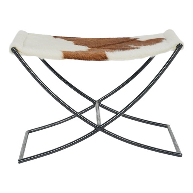 Brown & White Hair-on-Hide Sling Stool With Black Metal X-Base For Sale