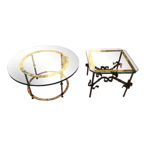 Set of Gothic Gilt-Iron & Thick Glass End Tables From Spain