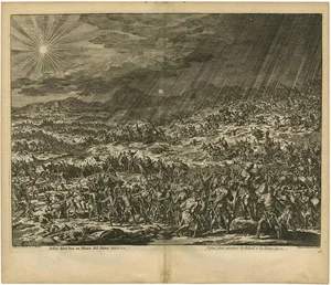 J. Luyken, Bible Scene: Joshua Makes the Sun and Moon Stand Still, 1743, Print