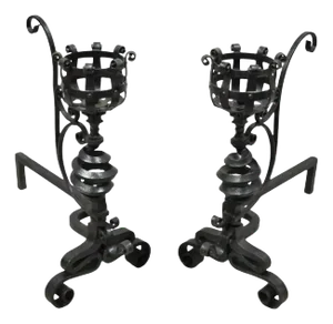 19th Century Arts & Crafts Gothic Cast Iron Spiral Scrollwork Fireplace Andirons - A Pair