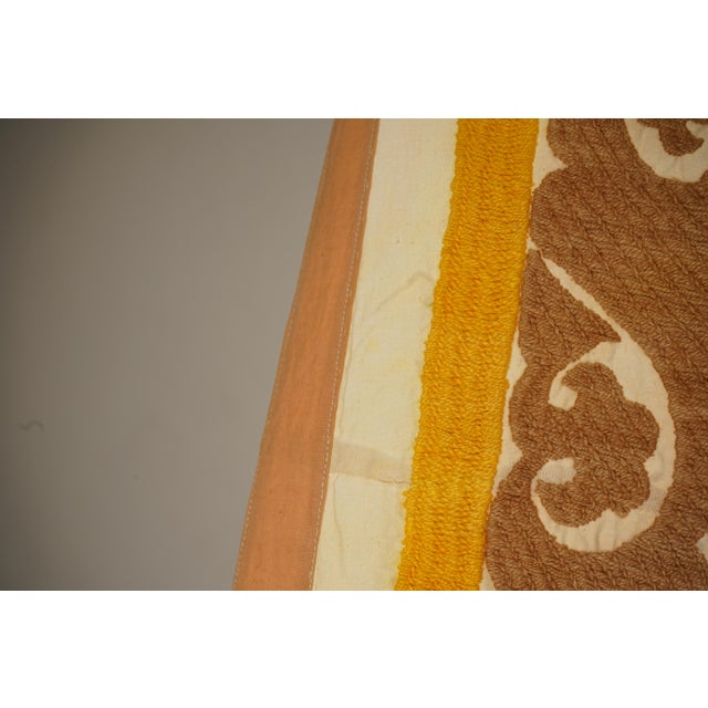 Textile Suzani Tablecover – Tan Beige Textile With Emerald & Red Boho Details 3'9'' X 4'2'' For Sale - Image 7 of 10