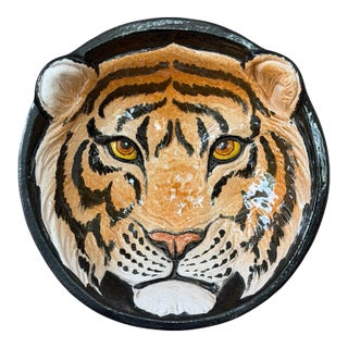 Vintage Italian Glazed Terracotta Tiger Wall Plate | Sculptural Ceramic Wall Art For Sale