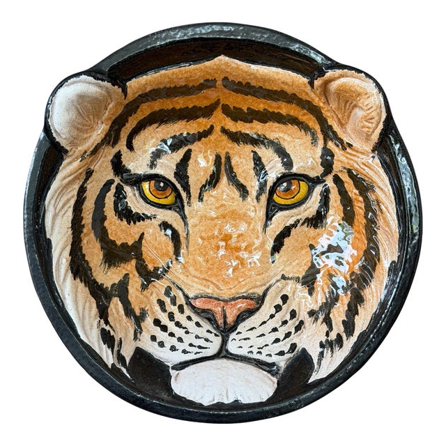 Vintage Italian Glazed Terracotta Tiger Wall Plate | Sculptural Ceramic Wall Art For Sale