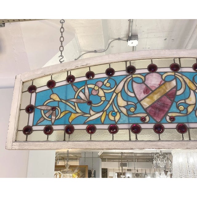 Blue Vintage Arched 29 Jewels Stained Glass Transom Window For Sale - Image 8 of 8