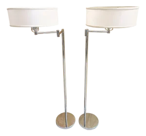Pair 1970s Walter Von Nessen Style Chrome Swing Arm Floor Lamps with Shades