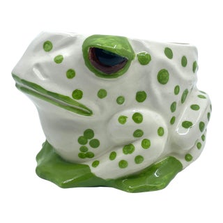 1970s Vintage Ceramic Green and White Frog Planter For Sale