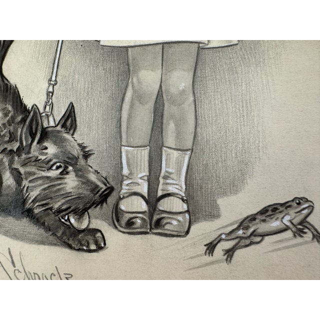 American 1940s Original Signed Graphite Illustration of Girl Walking Scottie Dog and Frog, 11 × 8 In. For Sale - Image 3 of 6