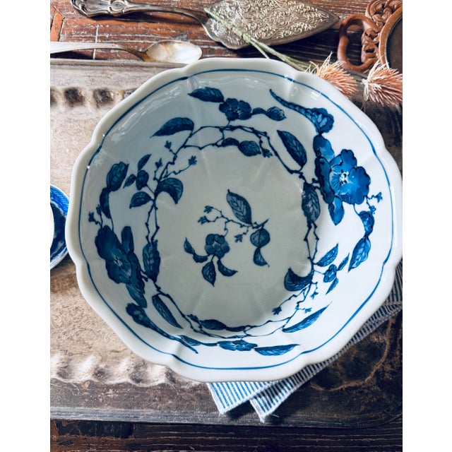 1970s Vintage Japanese Blue & White Floral Bowl – Fuku Mark For Sale - Image 5 of 8