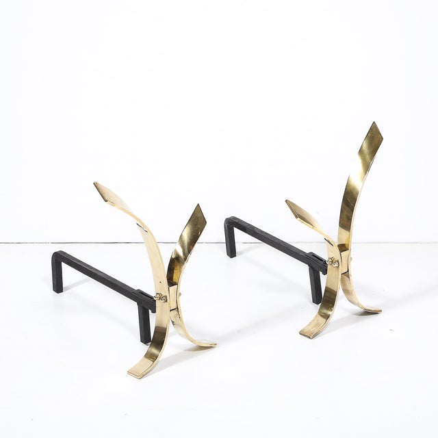 Pair of Mid-Century Modernist Andirons in Polished Brass by Donald Deskey For Sale In New York - Image 6 of 10