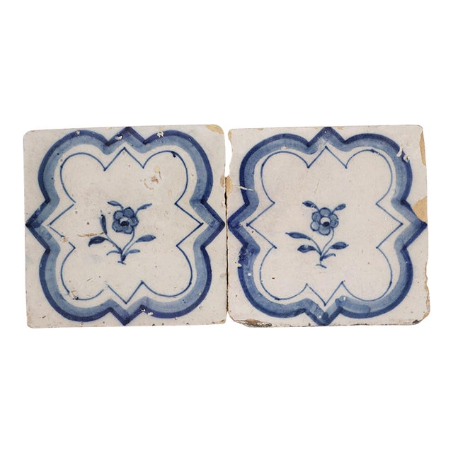 18th Century Blue & White Flower Set of Two Tiles, Portuguese For Sale