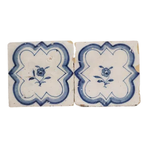 18th Century Blue & White Flower Set of Two Tiles, Portuguese