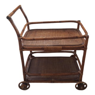 Vintage Hollywood Regency Bamboo Rattan and Wooden Bar Cart For Sale