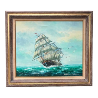 Mid 20th Century Original Oil Painting of Clipper Ship at Sea in Carved Gilt Frame, Signed Bransom For Sale