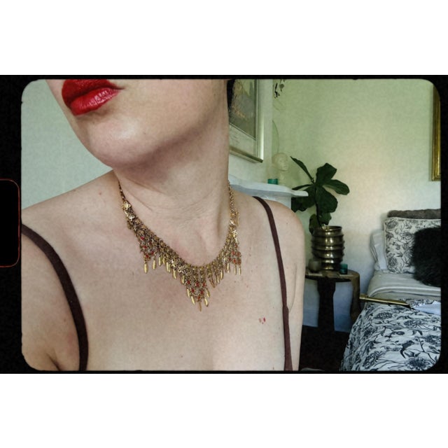 Vintage 1960s Gold Tone Etruscan Revival Fringe Bib Collar Necklace With Faux Coral Dangles For Sale - Image 9 of 10
