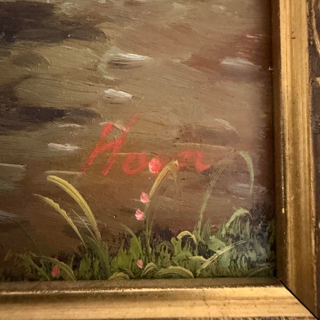 A flock of chickens and roosters in a pastoral setting is the subject of this signed oil painting on hardboard. Nicely...