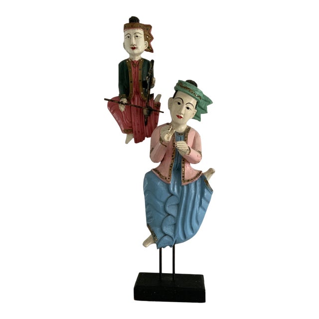Vintage Thai Carved Wooden Musician Sculptures With Jeweled Robes- Set of 2 For Sale