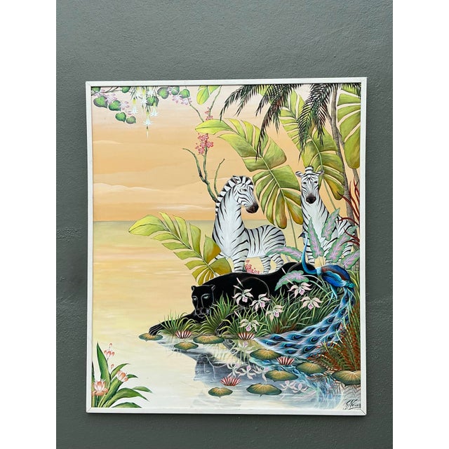 This monumental original oil painting, dated 1999, is a captivating celebration of the exotic, echoing the lush and...