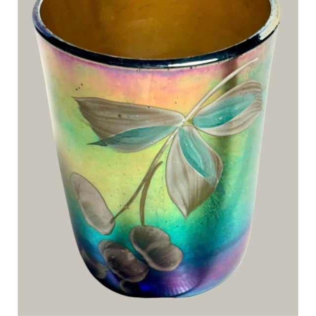 Glass Small Antique Highly Iridescent Art Nouveau Glass Vase W/ Enameled Floral Decor For Sale - Image 7 of 8