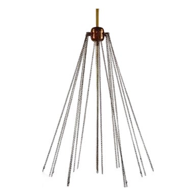 Featherweight spheres suspended from brass chain mouth-blown, frosted glass refracts a central light source