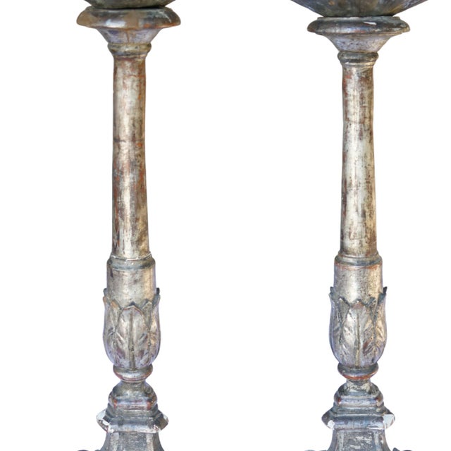 18th Century 56” Tall Rare Pair of 18th-Century Italian Silvered & Giltwood Ecclesiastical Altar Prickets For Sale - Image 5 of 18