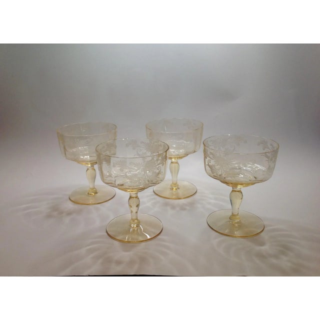 1930s Us Glass Tiffin Byzantine Low Champagne Sherbet Goblets in Mandarin (Yellow)- Set of 4 For Sale - Image 13 of 13