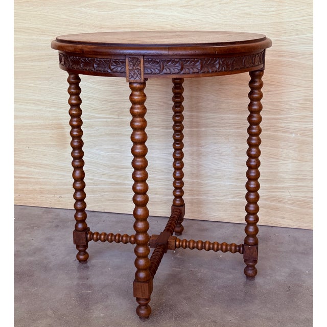 Spanish Walnut Round Side Table with Turned Legs and Beleveled Edges, 1890 For Sale - Image 4 of 8