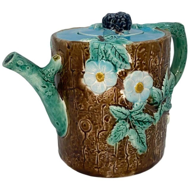 Holdcroft Majolica Blackberry on Tree Trunk Teapot, Turquoise Blue Cover C. 1877 For Sale - Image 13 of 13