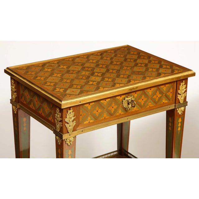 Exceptional Pair of French Ormolu-Mounted Parquetry and Marquetry Side Tables For Sale - Image 11 of 17