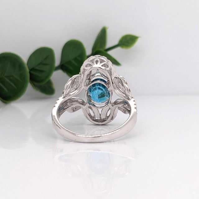 2020s 4.6Ct Blue Zircon Ring With Earth Mined Diamonds: Solid 14k Gold, Oval 10x8mm, Size 6.75 For Sale - Image 5 of 6