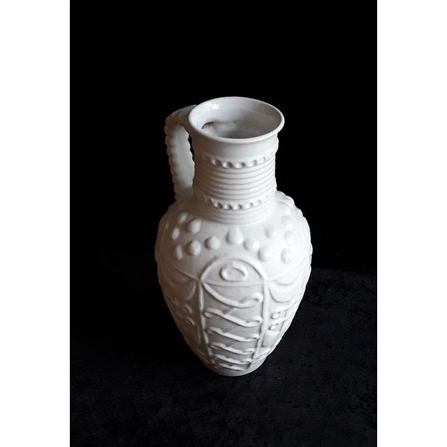 Vintage German Vase with Handle with Floral Relief Decor in White from Bay-Keramik, 1970s For Sale - Image 3 of 7