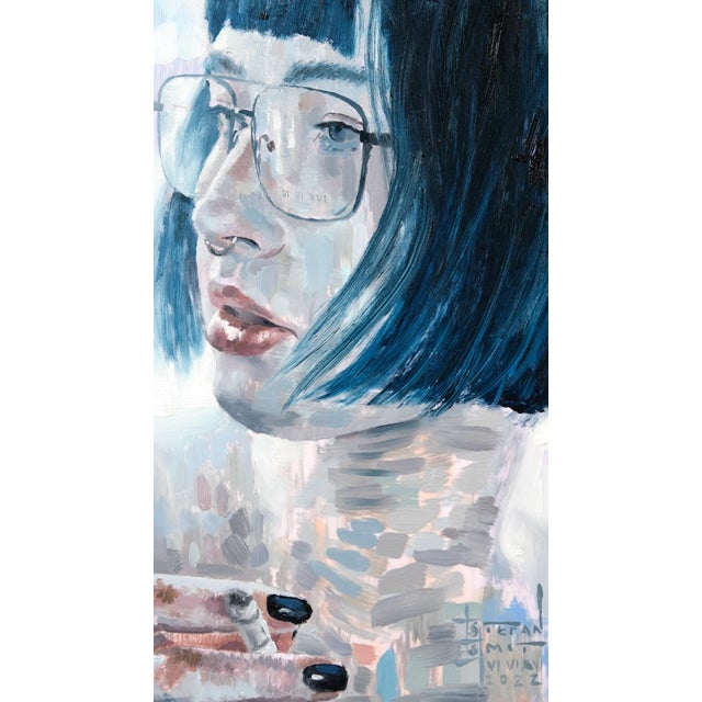 Realization by Stefan Smit | Oil on panel Portrait of a woman with blue hair and glasses. For Sale - Image 4 of 4