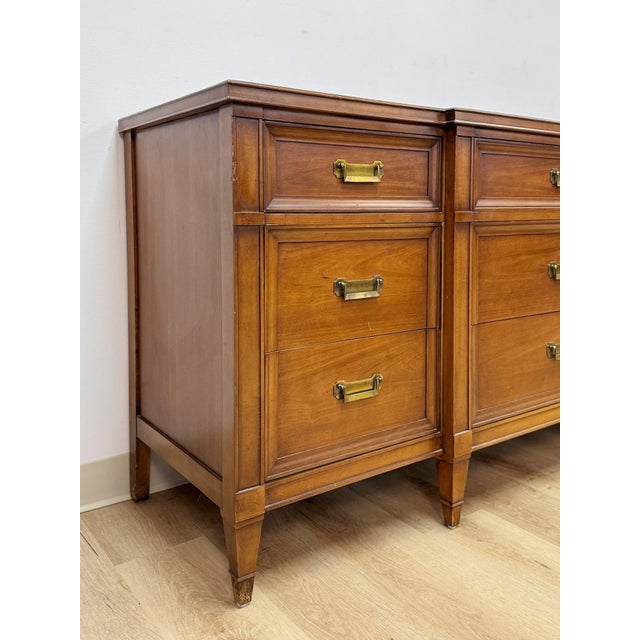 Brown Vintage Dresser Drexel Transitional MCM Nine Drawer Lowboy Brass Handles For Sale - Image 8 of 18