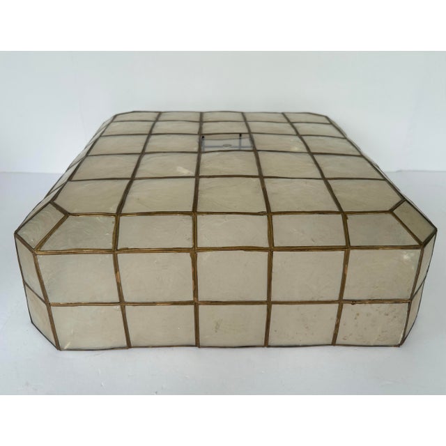 Metal 1970s Vintage Capiz Shell Square Ceiling Lamp Shade With Brass Grid Frame For Sale - Image 7 of 10