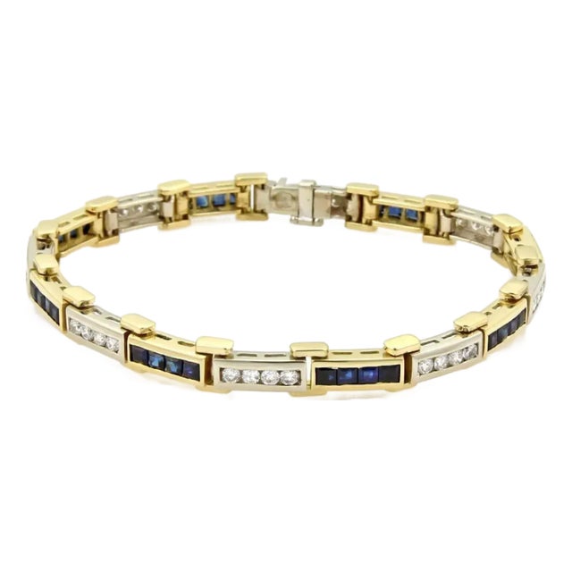 Diamond & Sapphire 18k Multi Tone Gold Bar Link Bracelet For Sale